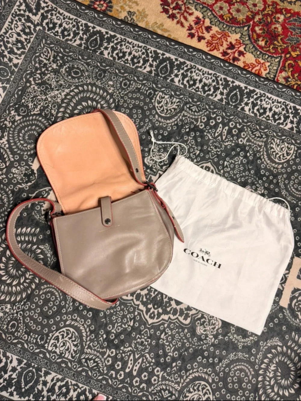 Coach Taupe Leather Shoulder Bag with Peach Interior